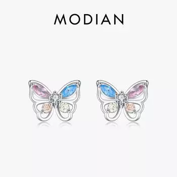Модиан стерлингового серебра 925 пробы Радуга Красочные циркониевые серьги-гвоздики Роскошные полые бабочки ювелирные изделия для женщин Рождественский подарок серебряный