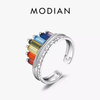 MODIAN Стерлингового Серебра 925 пробы Радужный Красочный Циркон Открытие Кольцо Изысканное Регулируемое Кольцо Для Женщин Изящные Ювелирные Изделия Рождественские Подарки