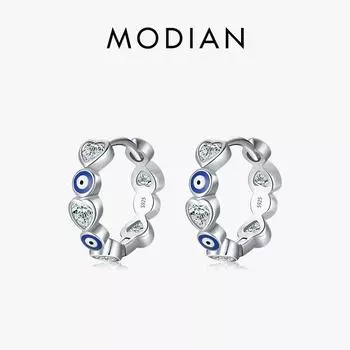 Модиан, стерлингового серебра 925 пробы, синие эмалированные глаза, очаровательные серьги-кольца, модные вечерние серьги с сердечками и цирконием, пряжка для ушей для женщин, изящные ювелирные изделия серебряный