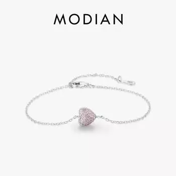 Модиан стерлингового серебра 925 пробы светло-розовый циркон сердце регулируемый браслет-цепочка для женщин ювелирные изделия романтический подарок на годовщину серебряный