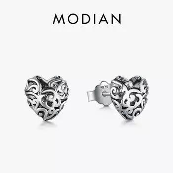 Модиан стерлингового серебра 925 пробы винтажные сердца линии романтические серьги-гвоздики для женщин небольшой очаровательный модный рождественский подарок серебряный