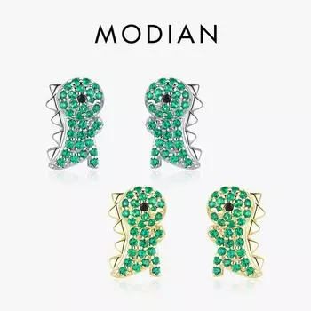 Modian стерлингового серебра 925 пробы зеленый CZ милые серьги-гвоздики с динозаврами для девочек женские изысканные ювелирные изделия с животными подарок серебряный