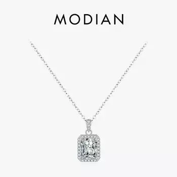 Modian Стерлингового Серебра 925 Прямоугольник 5А Цирконий Сверкающий Кулон Ожерелье Цепочка Очарование Свадебные Обручальные Ювелирные Изделия Для Женщин серебряный
