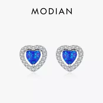 Модиан твердые серьги-гвоздики из стерлингового серебра 925 пробы со сверкающими сердечками синий опал серьги-гвоздики с платиновым покрытием простые серьги для женщин изящные ювелирные изделия серебряный