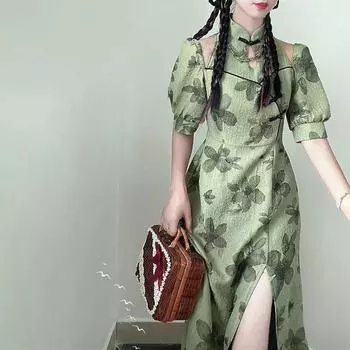 Модифицированное платье Cheongsam средней длины с принтом в китайском стиле L зелёный