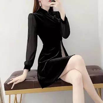 Модифицированное в китайском стиле Cheongsam, золотое бархатное платье, женское черное платье в этническом стиле 2XL чёрный