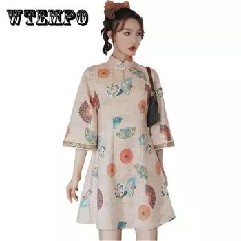 Модифицированное весеннее повседневное винтажное платье Cheongsam, женское элегантное повседневное платье трапециевидной формы с короткими рукавами XXXL