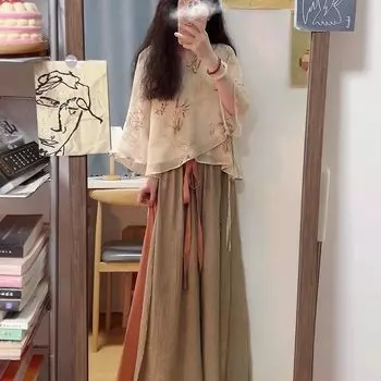 Модифицированный элемент Хань в китайском стиле Ретро Костюм Орхидея Топ и юбка Комплект из двух предметов L разноцветный