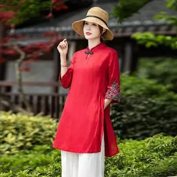 Модифицированный китайский стиль ханьфу топ женский изысканный вышитый разрез миди блузка национальный воротник стойка лягушка хлопковая и льняная рубашка 4XL красный