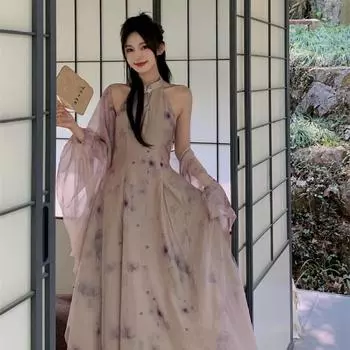 Модифицированный в китайском стиле Cheongsam с бретелькой на шее и полым дизайном, модный комплект из двух предметов с кардиганом 2XL бежевый