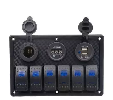 Модификация автомобиля, 6 комплектов панели переключателей для лодок с мощностью прикуривателя, вольтметр, панель переключателей для лодки, 12 В, синий свет чёрный