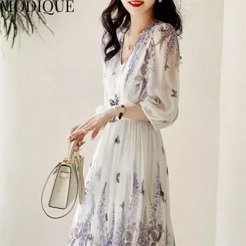 MODIQUE Лето Плюс Размер Новая Классическая Рубашка Женщины Свободные Основы Печати Цветочный Шифон Хлопок Льняное Платье Элегантные Леди Повседневные Женские Платья V-образным Вырезом XL фиолетовый