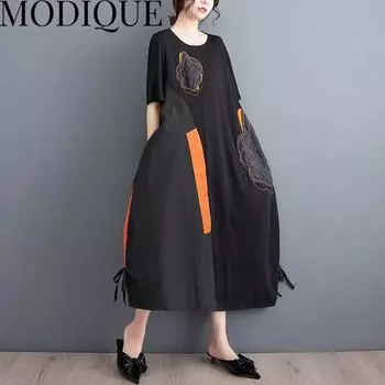 MODIQUE, летнее платье больших размеров, новая классическая рубашка, женское свободное лоскутное хлопково-льняное платье с цветочным принтом, повседневные женские платья с круглым вырезом на завязках one size чёрный