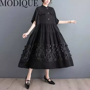 MODIQUE, летняя новая классическая рубашка больших размеров, женская свободная лоскутная хлопково-льняная сетчатая складка, однотонные повседневные женские платья с отложным воротником one size чёрный
