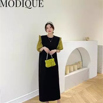 MODIQUE, летняя новая классическая рубашка больших размеров, женская свободная уличная одежда, милое платье из хлопка и льна - повседневные женские платья с круглым вырезом, рукавом-фонариком XL