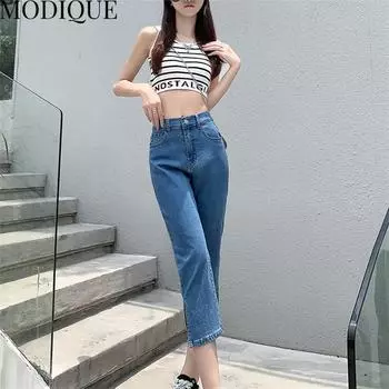 MODIQUE 2023 Лето Большие размеры Новые женские прямые базовые эластичные укороченные брюки женские повседневные длинные джинсы с высокой талией женские винтажные джинсовые брюки L синий