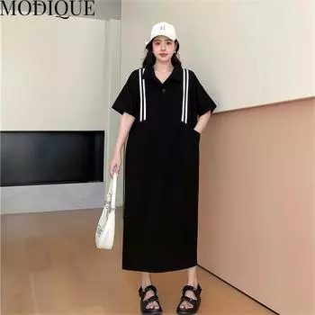 MODIQUE, летняя новая классическая рубашка больших размеров, женская свободная хлопковая льняная однотонная уличная одежда, повседневное женское платье-поло с коротким рукавом, черное XL чёрный