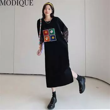 MODIQUE, осенние новые длинные платья больших размеров, женские свободные милые платья с цветочным принтом, женские базовые повседневные юбки с длинными рукавами и круглым вырезом XL чёрный
