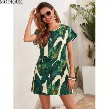 MODIQUE 2025 Лето Новое Женское Повседневное Платье Прямое Короткое Платье Женское Ретро Платье А-силуэта с О-образным Вырезом S зелёный