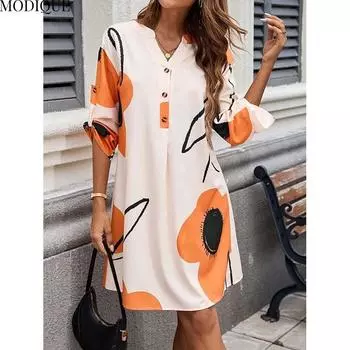 MODIQUE 2025 Лето Плюс Размер Новое Женское Повседневное Платье С Геометрическим Принтом и Пуговицами Отделка Среднего Размера Женское Платье С Длинным Рукавом И V-образным Вырезом S белый