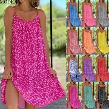 MODIQUE 2025 Лето Плюс Размер Новое Женское Свободное Повседневное Горячее Цветочное Платье-Халтер Длинное Платье Женское Народное Платье Многоцветное Платье С О-Образным Вырезом S розы красного