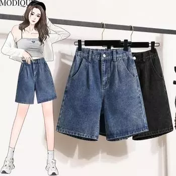 MODIQUE 2025 Новые летние женские эластичные прямые синие джинсовые шорты большого размера, свободные повседневные базовые брюки Fifth M синий