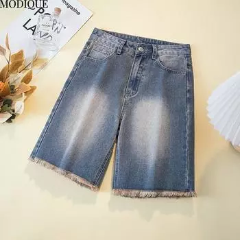 MODIQUE 2025 Новые летние женские повседневные прямые джинсовые шорты с грубой кромкой, свободные базовые брюки с высокой талией для женщин M синий