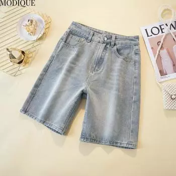 MODIQUE 2025 Новые летние женские повседневные винтажные прямые джинсовые шорты большого размера, эластичные джинсы, женские свободные базовые брюки с высокой талией M синий