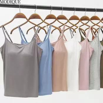 MODIQUE 2025 Новый женский повседневный топ на бретельках с подкладкой для груди без косточек, женский топ большого размера из модала с подтяжками S розовый
