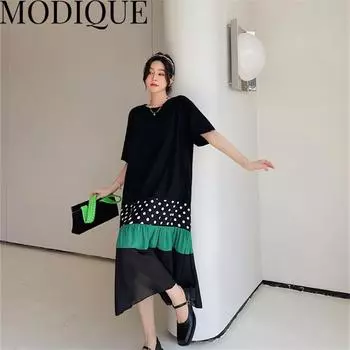 MODIQUE, летнее новое платье больших размеров, женское свободное лоскутное платье в горошек из хлопка и льна, однотонное платье со складками, сетчатое повседневное женское платье с круглым вырезом XL чёрный