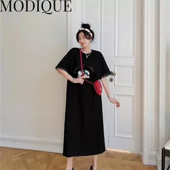 MODIQUE, летнее платье больших размеров, новая классическая рубашка, женское свободное лоскутное хлопковое льняное платье с героями мультфильмов, кружевное повседневное женское платье с круглым вырезом XL чёрный