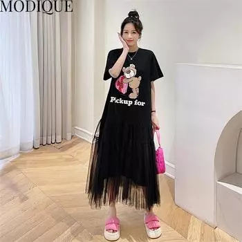 MODIQUE, летнее платье больших размеров, новая классическая рубашка, женское свободное сетчатое хлопково-льняное платье трапециевидной формы, однотонные повседневные женские платья с круглым вырезом и коротким рукавом XL чёрный