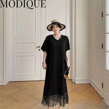 MODIQUE, летнее платье больших размеров, новая классическая рубашка, женское свободное хлопковое платье в консервативном стиле с кисточками, однотонные повседневные женские платья с v-образным вырезом XL чёрный
