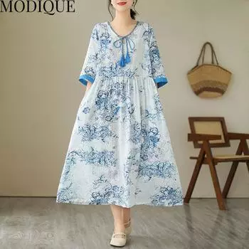 MODIQUE, летнее платье больших размеров, новая классическая рубашка, женское свободное базовое хлопково-льняное винтажное платье трапециевидной формы, повседневные женские платья с v-образным вырезом M синий