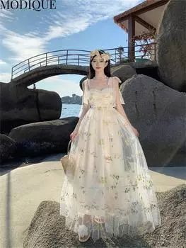 MODIQUE летнее женское элегантное сетчатое марлевое платье с цветочной вышивкой для девочек, платье с лямкой на бретельках для девочек, женское атмосферное легкое свадебное платье, платье для тостов L белый