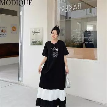MODIQUE, летние большие размеры, новые женские свободные лоскутные длинные платья трапециевидной формы с принтом, элегантные женские повседневные хлопковые юбки с круглым вырезом и короткими рукавами XL чёрный