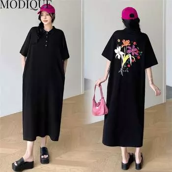 MODIQUE, летние большие размеры, новые женские свободные однотонные длинные платья трапециевидной формы с принтом, элегантные женские повседневные хлопковые юбки-поло с короткими рукавами XL чёрный