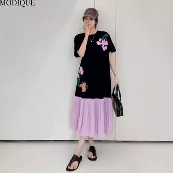 MODIQUE Летние Большие Размеры Новые Женские Винтажные Свободные Футболки Цветочный Принт Плиссированные Лоскутные Длинные Платья Женские Повседневные Платья С Коротким Рукавом О-Образным Вырезом L чёрный