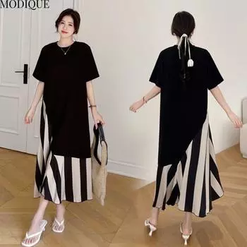 MODIQUE Летние Большие Размеры Новые Женские Свободные Базовые Футболки Шелковые Полоски Лоскутные Длинные Платья Женские Повседневные Платья С Коротким Рукавом О-Образным Вырезом L чёрный