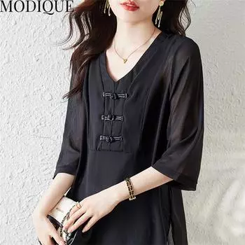 MODIQUE, летние большие размеры, женская хлопково-льняная шифоновая блузка, рубашки, однотонные летние пальто, большие размеры, с v-образным вырезом и половиной рукавов, на пуговицах XL чёрный