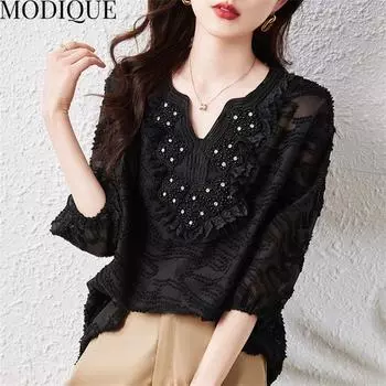 MODIQUE, летние большие размеры, женские хлопковые и льняные однотонные блузки, рубашки, летние пальто с аппликацией, большие размеры, с короткими рукавами и v-образным вырезом, на пуговицах XL чёрный