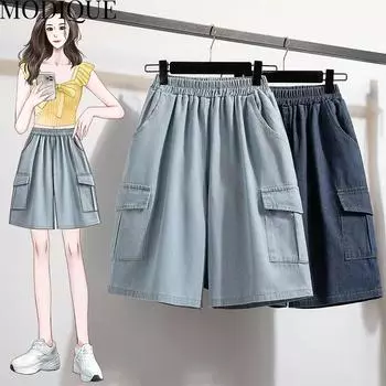 MODIQUE летние большие размеры женские свободные базовые эластичные прямые шорты-карго длиной до колена женские повседневные синие джинсовые шорты L синий