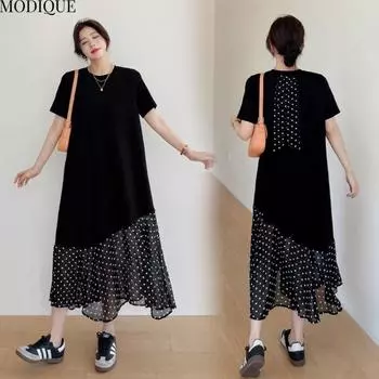 MODIQUE Летние платья больших размеров для женщин, свободные, классные, хлопковые, в горошек, пэчворк, длинные, женские, повседневные, с коротким рукавом, с круглым вырезом L чёрный
