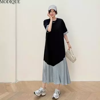 MODIQUE Летние платья больших размеров для женщин, базовые свободные, в тон, в стиле пэчворк, плиссированные, длинные, женские, повседневные, короткие, с подвернутыми рукавами, с круглым вырезом L чёрный