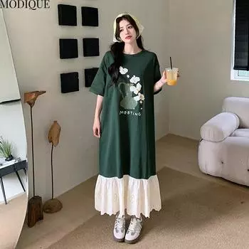 MODIQUE Летние платья больших размеров для женщин, свободные, с цветочным принтом, плиссированные, в стиле пэчворк, длинные, женские, повседневные, с коротким рукавом, с круглым вырезом L темно-зеленого