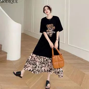 MODIQUE Летние платья больших размеров для женщин, свободные, с принтом медведя, цветочные, плиссированные, пэчворк, длинные, женские, повседневные, с коротким рукавом, с круглым вырезом L чёрный