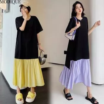 MODIQUE Летние платья больших размеров для женщин, свободные, минималистичные, плиссированные, пэчворк, длинные платья, женские, повседневные, с коротким рукавом, с круглым вырезом L
