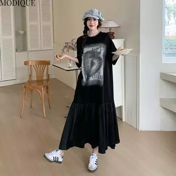 MODIQUE Летние платья больших размеров для женщин, свободные, с принтом, длинные, плиссированные, женские, повседневные, с коротким рукавом, с круглым вырезом L чёрный