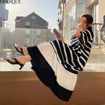 MODIQUE Летние платья больших размеров для женщин, свободные, минималистичные, в полоску, плиссированные, пэчворк, длинные, женские, повседневные, с коротким рукавом, с круглым вырезом L чёрный