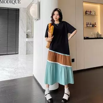MODIQUE Летние платья больших размеров для женщин, свободные, в полоску, в стиле пэчворк, длинные, повседневные, с коротким рукавом и круглым вырезом L чёрный